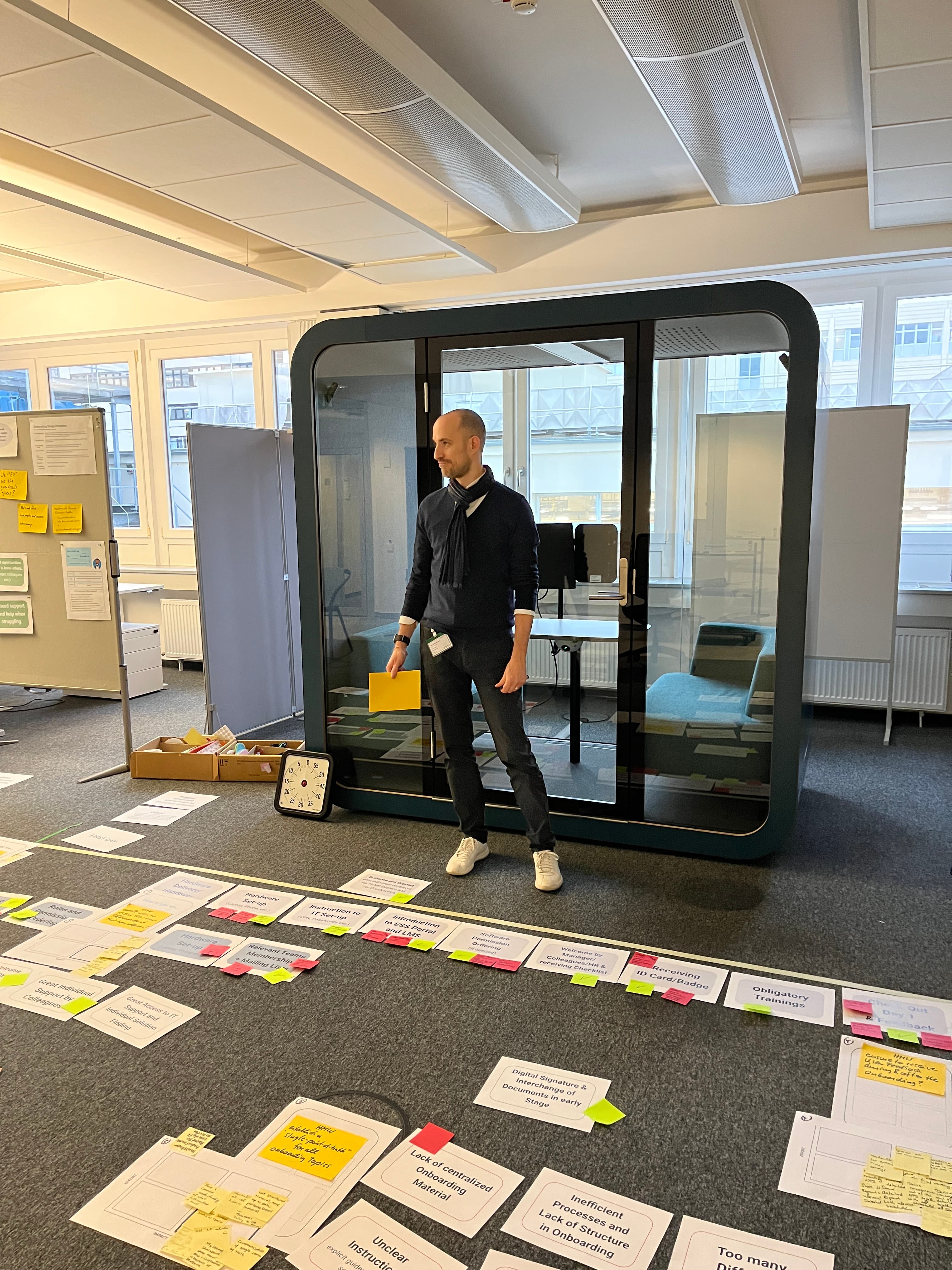 Micha Müller im Workshop — Post-its auf dem Boden, Gruppe im Glasraum